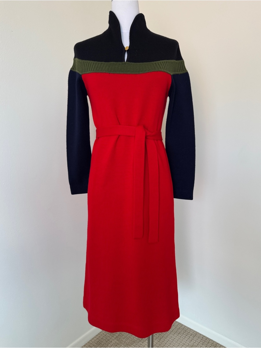 Vintage Roberta di Camerino Red Wool Colorblock Knit Belted Midi Dress M